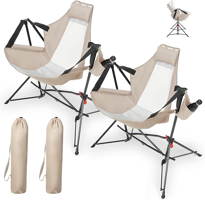 Hammock Folding Camping Chair - Outdoor Portable Swing Camp Chairs Set of 2 with Stand Adults Rocking Swinging Chair for Beach Lawn Patio (Khaki)