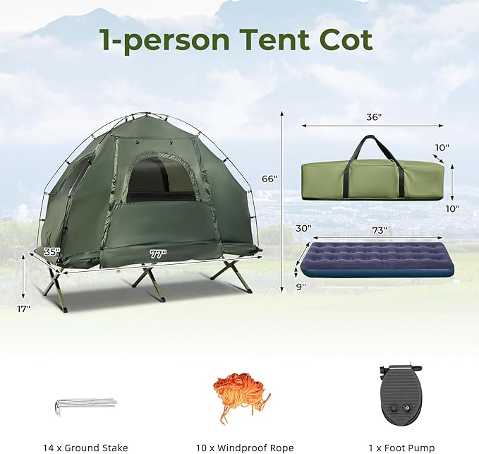 LDAILY Camping Tent Cot, 5 in 1 Off Ground Elevated Tent with Air Mattress, Sleeping Bag & Pillow, Folding Camping Cot Combo with Carrying Bag for Outdoor Hiking, RV, Picnic, Field Backyard (1 Person)