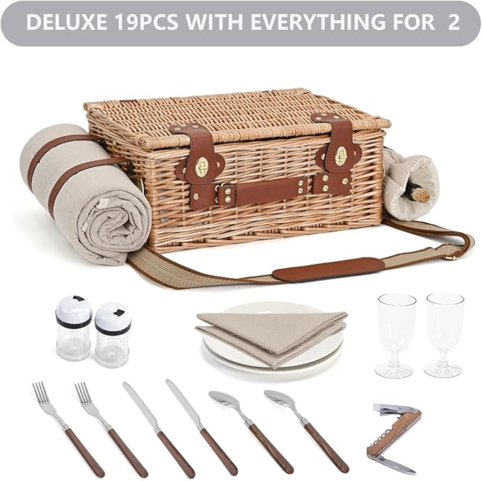 Picnic Basket with Blanket and Wine Pouch for 2, Wicker Picnic Set with Insulated Liner Cooler Bag Hamper for Camping,Wedding - Natural