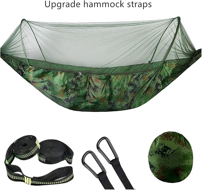 Compatible For Camping Hammock With Mosquito Net Pop-Up Light Portable Outdoor Parachute Hammocks Swing Sleeping Hammock Camping Stuff(Camouflage-6 rings)
