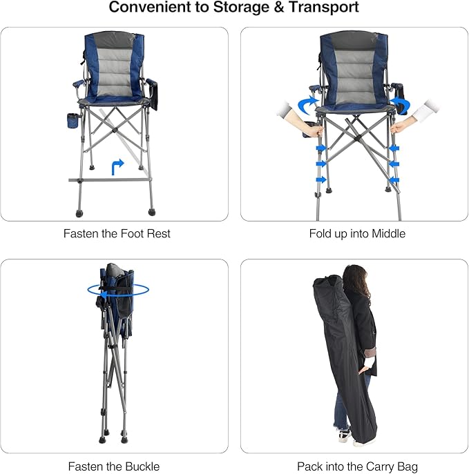 Extra Tall Folding Chairs for Adults 2 Pack, Portable Bar Height Foldable Director Chairs for Camping Outside, Comfortable with High Back and Footrest, Blue