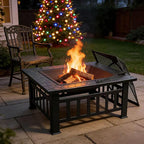 ZENY 32 inch Outdoor Fire Pit with Grill for Outside Wood Burning, Square Metal Outside Fireplaces, Spark Screen and Poker Included for Backyard Patio Camping Bonfire