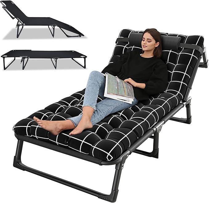 Talent Star Folding Lounge Chair with Mattress and Pillow Indoor Outdoor, 4 Position Adjustable Toffee Sleeping Bed Cot Chaise for Sunbathing Tanning Poolside Office Camping Lawn Pool Beach Patio 75cm
