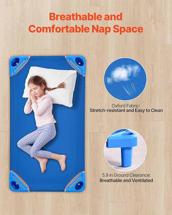 VEVOR Stackable Kiddie Cot, 6 Pack Portable Toddler Nap Cots, Standard Size 40" L x 23" W Daycare Cots for Kids, Preschool Classroom Daycare Beds for Sleeping, Resting, Naptime, Blue