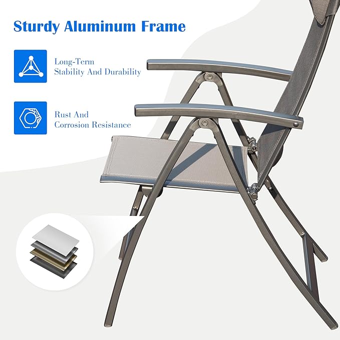 Domi Patio Folding Chairs Set of 2, Outdoor Reclining Chairs Set with Moveable Headrest, Aluminum Frame Outdoor Patio Portable Chairs with Adjustable High Backrest and Textilene Fabric Seat