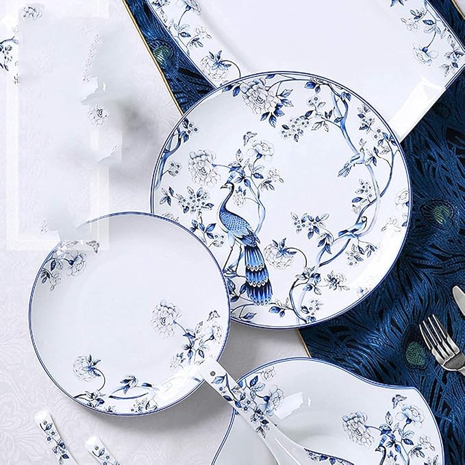 56-Piece Chinese Bone China Tableware Set Blue and White Porcelain Tableware Set for 6 People