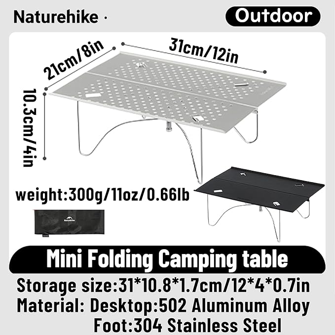 Naturehike 11oz Solo Folding Camping Table - 66lb Load Capacity Ultralight Mini Backpacking Table, Aluminum, No Assembly for Hiking, Camping & Beach (Compact Small Side Table with Carry Bag) (Black)
