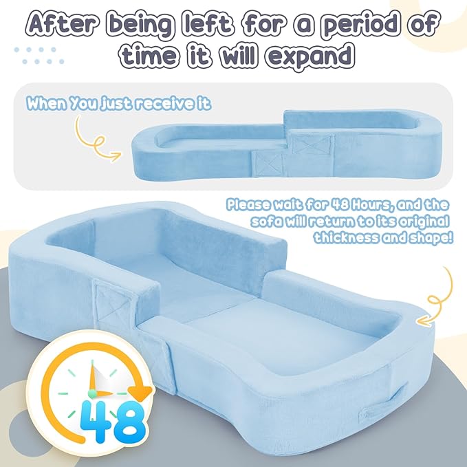 Portable Toddler Travel Bed, 2-in-1 Foldable Toddler Bed Sofa Chair, Soft Baby Kids Travel Floor Cot with Washable Covers Safety Foam Raised Bumper for Grandma's House Road Trips Camping Hotel (Blue)
