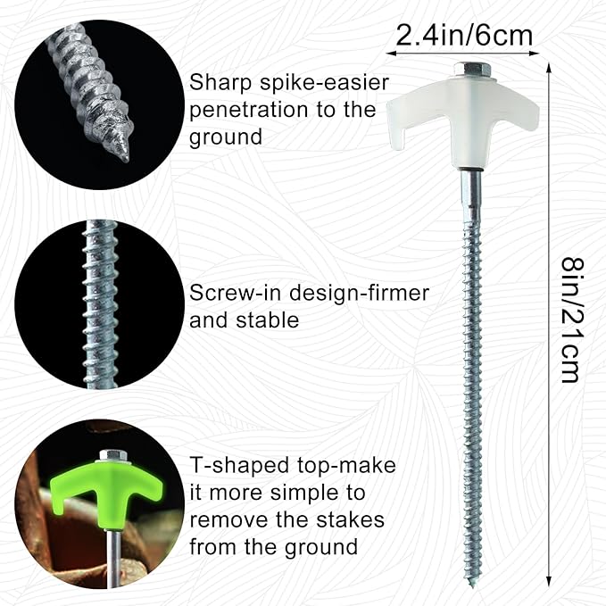 16-Pack Heavy Duty Screw-in Tent Stakes with Drill Adapter – 8 Inch Ground Anchors for Camping, Canopy, Gazebo, Awnings & Outdoor Accessories