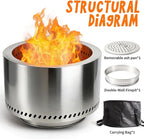 Tabletop Fire Pit by AmazStove, Low Smoke Camping Stove for Outdoor Safe Burning Firepits, Mini Fire Pit, Fueled Pellets or Wood, Travel Bag Included (19.5 x 14.4 INCH-Silver)