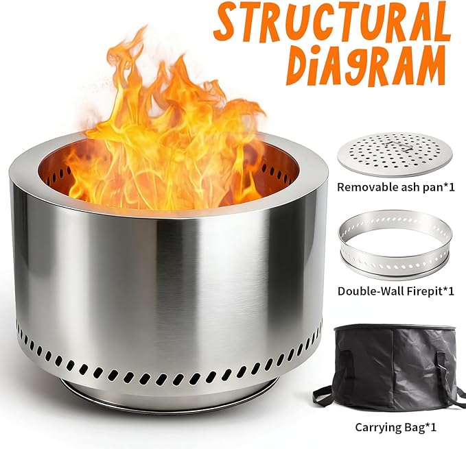 Tabletop Fire Pit by AmazStove, Low Smoke Camping Stove for Outdoor Safe Burning Firepits, Mini Fire Pit, Fueled Pellets or Wood, Travel Bag Included (19.5 x 14.4 INCH-Silver)