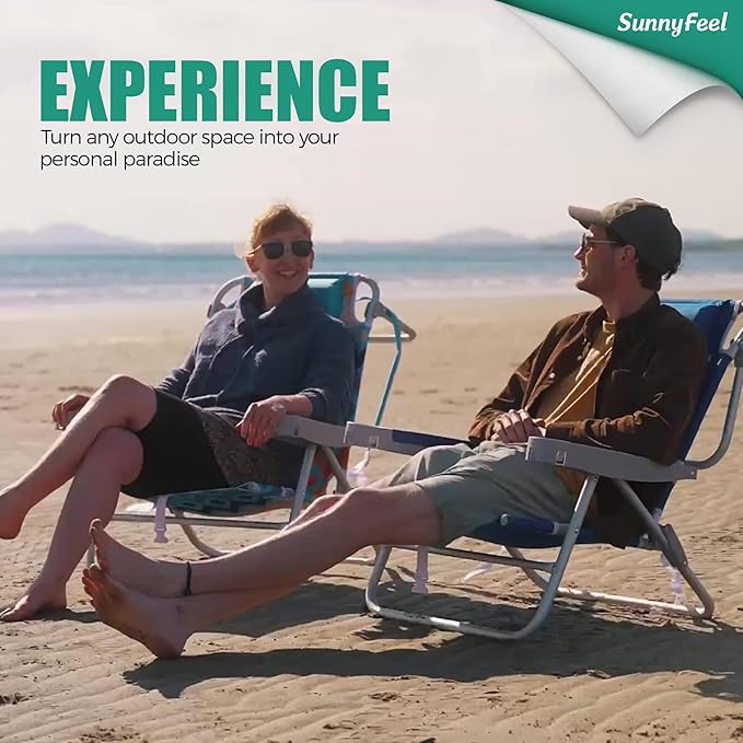 SUNNYFEEL Extra Wide Low Beach Chair 2 Pack 5 Position Lay Flat 500 LBS Heavy Duty, XL Oversized Folding Camping Chairs with Cup Holder for Outdoor/Sand, Portable Backpack Beach Chair for Adults
