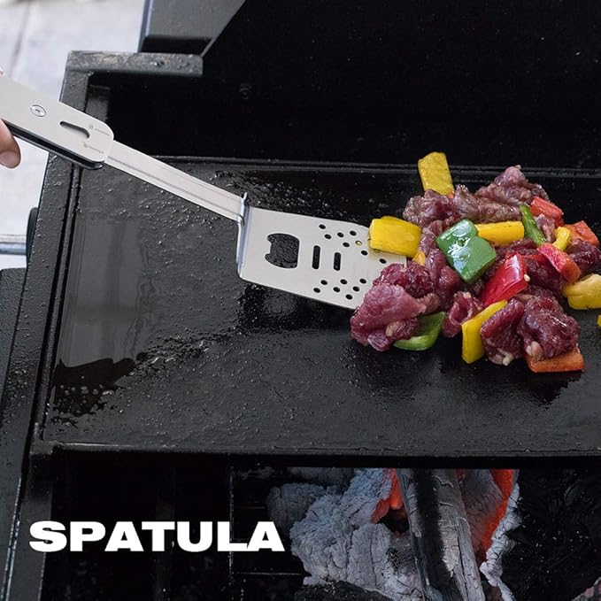 ROXON 4 in 1 Mini Folding BBQ Barbecue Combo Tool Set with Spatula, Fork, Tongs and Bottle Opener for Hiking Camping (Grey)