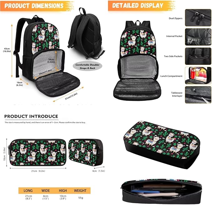 School Backpack for Kids Bookbag Insulated Cooler Backpacks with Lunch Box and Pencil Case Reusable Water Resistant Tote Food Bag for College Camping Picnics, Cactus Alpaca