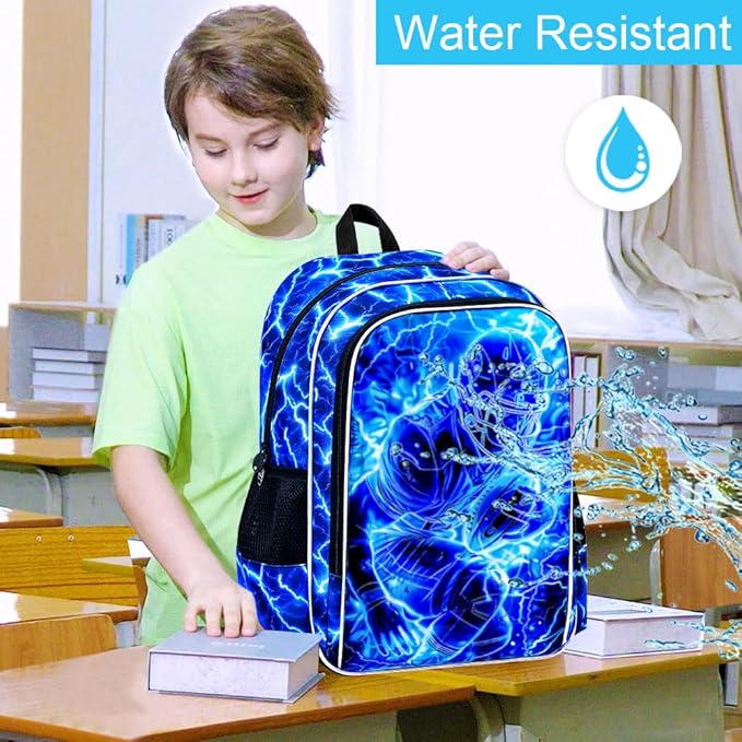 3Pcs Football Backpack for Boy, 17" Lightning Bookbag for Elementary Preschool Kindergarten, Kids School Backpacks with Lunch Box (Blue)