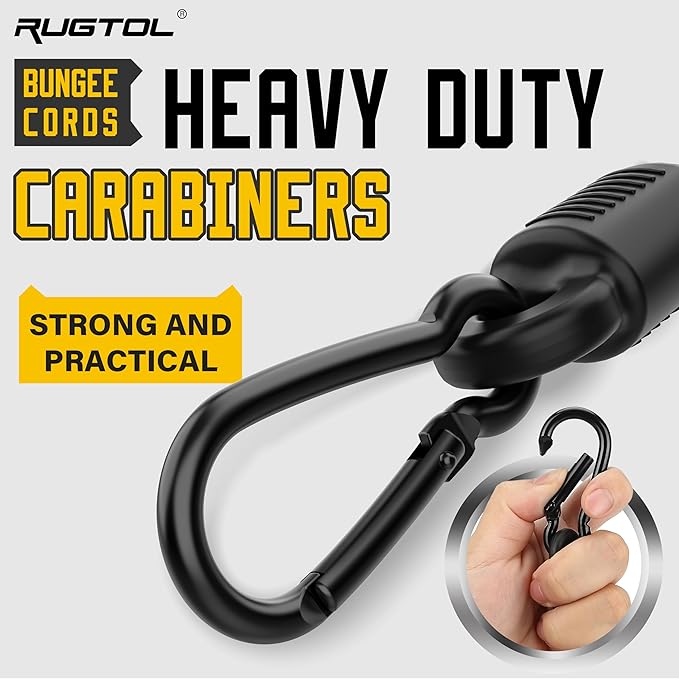 Adjustable Bungee Cords with Hooks, 6 Pack Heavy Duty Outdoor Carabiner Bungee Cord, Black Super Elastic Bungee Straps Easily Adjust from 7" to 36", Great for Cargo, Camping, Bike Racks, Tents