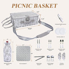 Picnic Basket for 2 with Blanket, Willow Picnic Basket Set with Shoulder Strap&Wine Pouch, Large Willow Hamper with Insulated Cooler for Outdoor, Camping, Beach, Couples, Wedding Gift