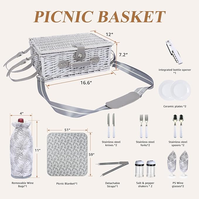 Picnic Basket for 2 with Blanket, Willow Picnic Basket Set with Shoulder Strap&Wine Pouch, Large Willow Hamper with Insulated Cooler for Outdoor, Camping, Beach, Couples, Wedding Gift