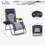 PHI VILLA XXL Oversized Padded Zero Gravity Chair, Foldable Patio Recliner, 30" Wide Seat Anti Gravity Lounger with Cup Holder, Support 400 LBS (Gray Accent)