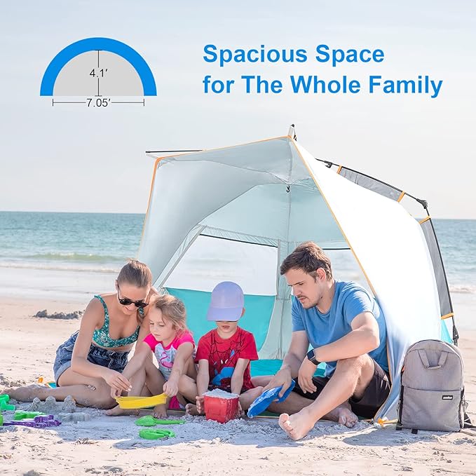 WolfWise 3-4 Person Beach Tent with UPF 50+ Sun Protection, Portable Ventilated Beach Shade Canopy with Extended Porch, Easy Setup & Windproof Design, Blue