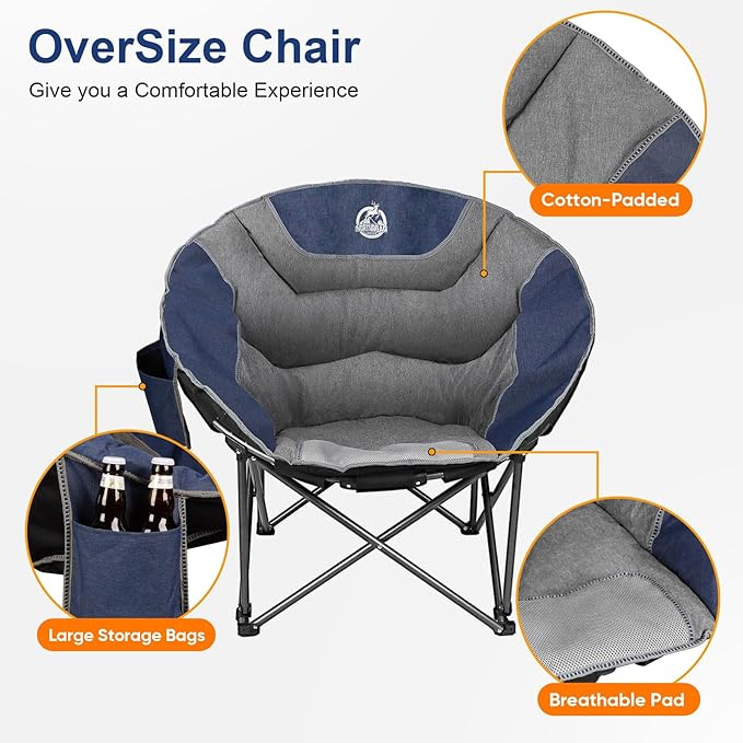 Northroad XXL Camping Moon Chair,Oversized Round Chair,Folding Padded Saucer w/Side Pocket,500lbs Capacity for Outdoor Hiking Fishing Picnic Lawn,Blue&Grey