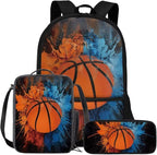 Rnyleeg Basketball Backpack for Kids Age 6-8 Novelty Boys Backpack Set with Lunchbox Lightweight Bookbag Set 3 Piece for Elementary School Casual Packsack