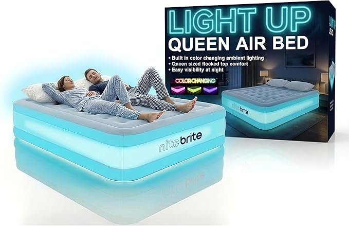 AirCandy Nite Brite Queen Inflatable Air Mattress with LED Lights – 15” Raised Blow Up Bed, USB Powered Color-Changing Glow, Flocked Top, Indoor Guest & Sleepover Bed