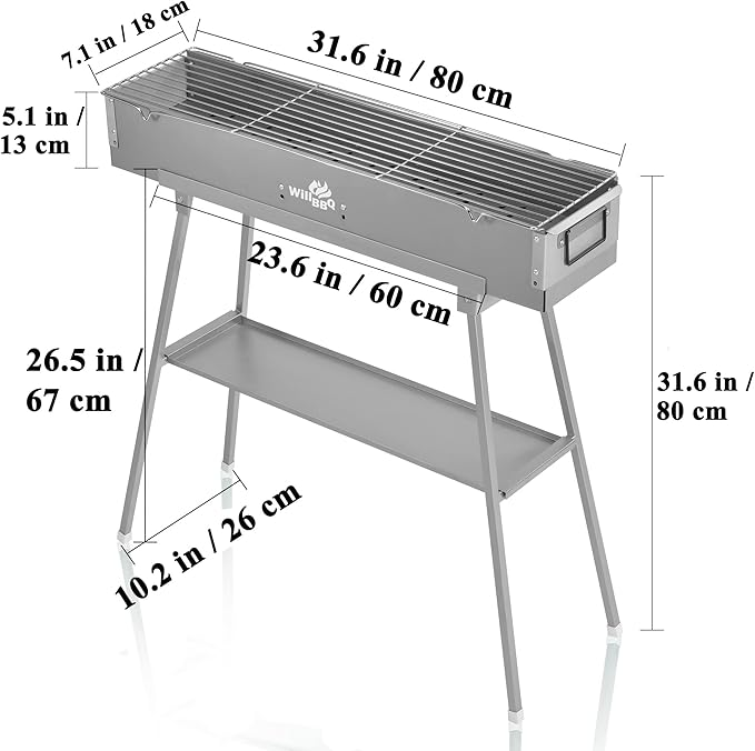 WILLBBQ Charcoal Grills Commercial Quality Portable Hibachi BBQ Lamb Skewer Folded Camping Barbecue Grill for Backyard Outdoor Cooking Use (31.6x7.1x5.1 inch With Accessories)