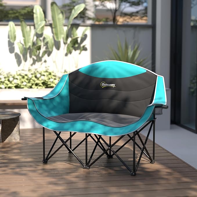 Outsunny Double Camping Chair for Adults, Padded Folding Camp Chair for 2 Person with Armrest, Wine Glass Holder, Cup Holder, Carry Bag for Outdoor Sports, Picnics, Supports up to 552 lbs.