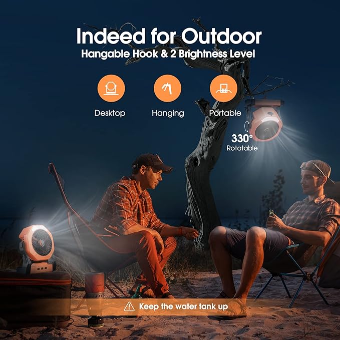 Ausic Portable Misting Fan for Outdoor Cooling, [16-65Hrs] Battery Powered Mist Fans with Water Misters & LED Lantern, 8-Inch, 250mL Tank, for Patios, Home, Outside, Camping, Outdoor&Indoor Use