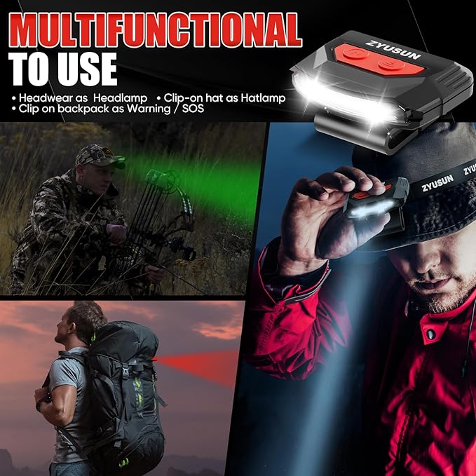 2-Pack Rechargeable Cap Light,Portable headlamps,Clip on Hat with Motion Sensor,Lightweight IPX4 Waterproof,White/Red/Green Night Vision LED Lights for Hunting Fishing Camping Hiking Cycling