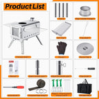 CHANGE MOORE Hot Tent Stove, Secondary Burn Design - Improve Combustion Efficiency, Portable Wood Burning Tent Stove w/Chimney Pipe & Anti-scalding Cloth, for Outdoor Camping, Hunting, Ice Fishing