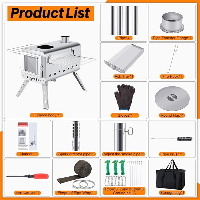 CHANGE MOORE Hot Tent Stove, Secondary Burn Design - Improve Combustion Efficiency, Portable Wood Burning Tent Stove w/Chimney Pipe & Anti-scalding Cloth, for Outdoor Camping, Hunting, Ice Fishing