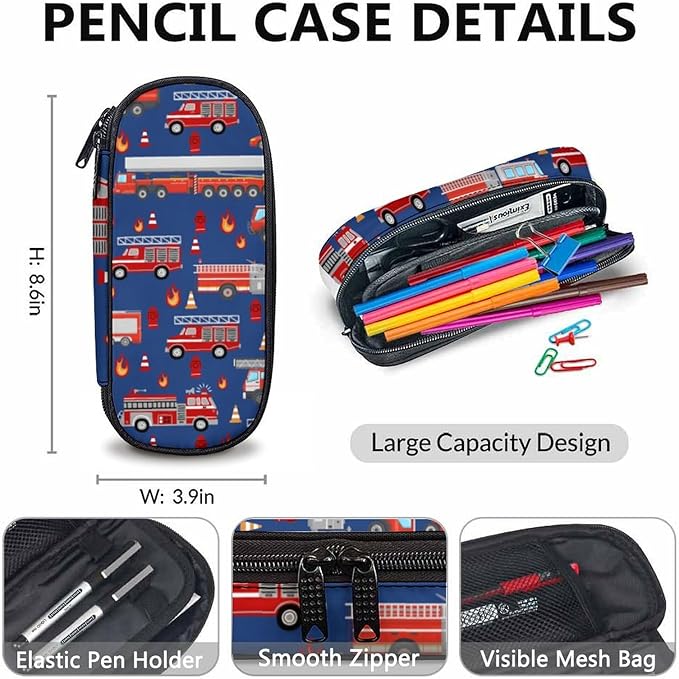 Fire Truck Backpack with Lunch Box Set for Boys, 3 in 1 Kids School Backpacks Matching Combo for Toddler Boy, Durable Truck Patterns Bookbag and Pencil Pouch Bundle for Preschool Elementary