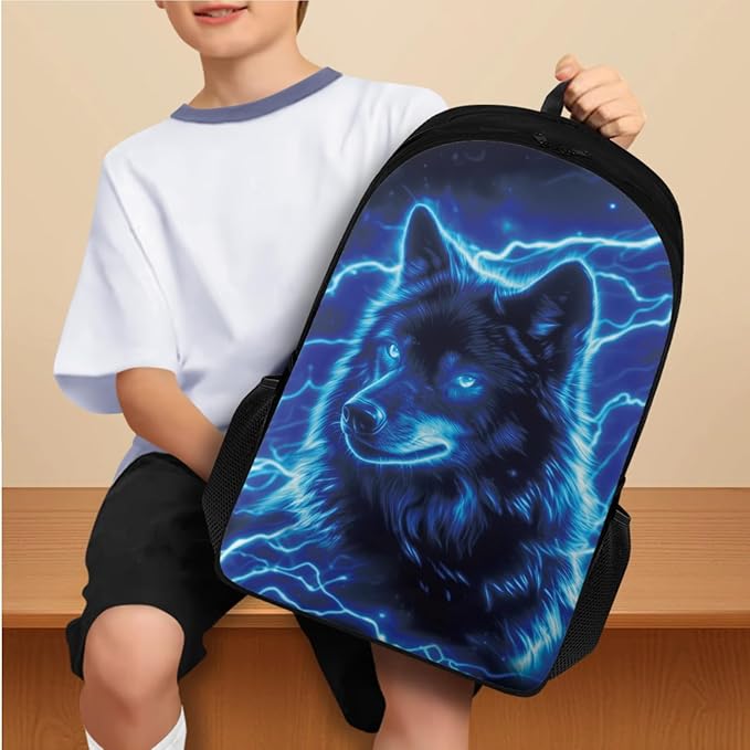 Cool Wolf Backpack Set for Boys Back to School, Backpack for 4th Grade Boys Lunch Box Water Bottle Holder Pencil Case 4 Piece Set Art School Supplies for Camping Picnic