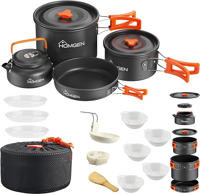 HOMGEN Portable Camping Cookware Set-Lightweight Aluminum Camp Pots and Pans Kit-Comes with Non-Stick Pots/A Frying Pan etc-Complete Camping Mess Kit for Camping/Hiking/Fishing & Other Outdoor Trip