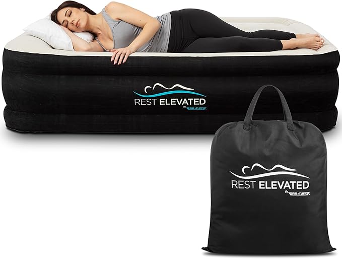 RestElevated Luxury Pillow Top Full Size Air Mattress with Built in Pump | 20" Raised Height with Coil Beam Support | Adjustable Blow Up Air Bed | for Home, Guests and Camping [Black with Cream Top]