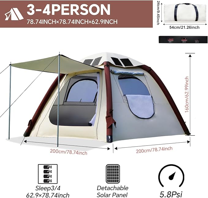 Automatic Inflatable Tent with Air Pump, Family Tents for Camping, Windproof Waterproof 3 Person Tent, Easy Set Up in 2-3 Min, Camping Essentials for Backyard Outdoor