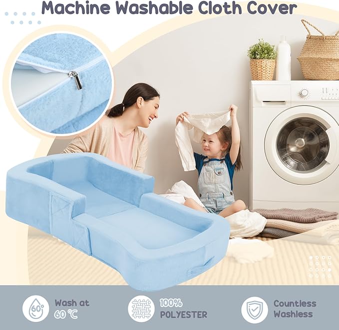 Portable Toddler Travel Bed, 2-in-1 Foldable Toddler Bed Sofa Chair, Soft Baby Kids Travel Floor Cot with Washable Covers Safety Foam Raised Bumper for Grandma's House Road Trips Camping Hotel (Blue)