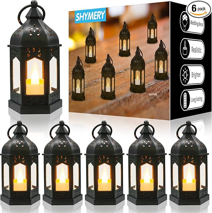 SHYMERY Mini Lantern with Flickering LED Candles,Vintage Black Decorative Hanging Candle Lanterns for Halloween,Wedding Decorations,Christmas,Table Centerpiece,Battery Included（Set of 6）