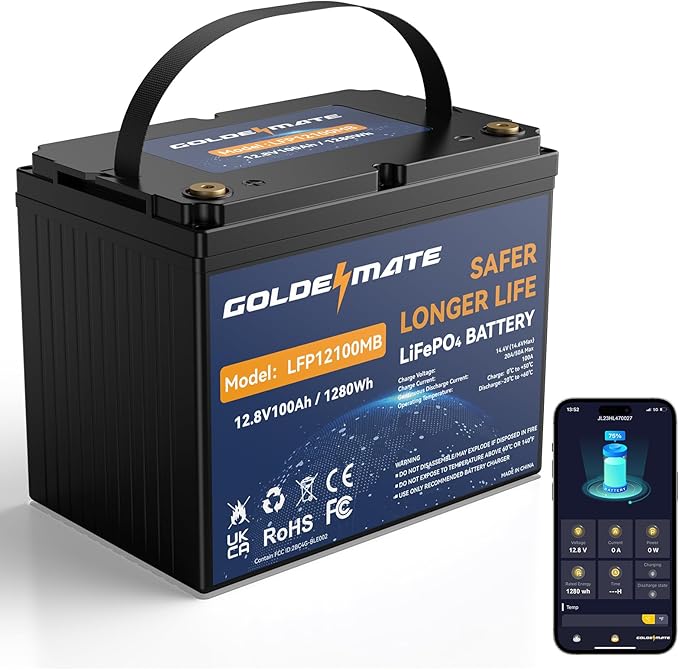 GOLDENMATE 12V 100Ah Group 24 Bluetooth LiFePO4 Battery, Deep Cycle Lithium Battery, Built-in 100A BMS, Up to 15000 Cycles, Perfect for RV, Solar System, Marine, Trolling Motor, Off-grid Setups