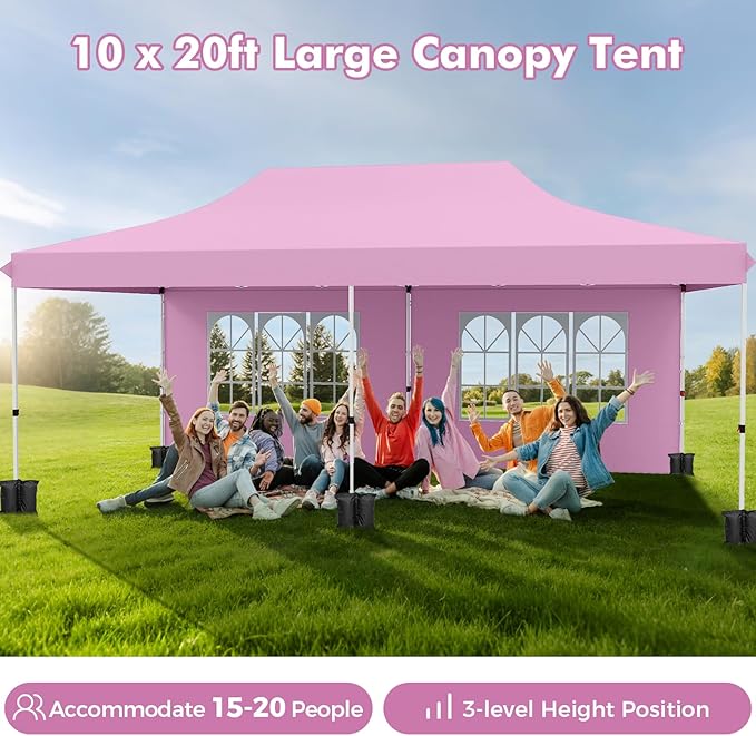 Tangkula 10x20 Ft Pop Up Canopy, UPF 50+ Portable Outdoor Canopy Tent with with 6 Removable Sidewalls, 6 Sandbags, 2 Zippered Door, Windows, Carrying Bag for Party, Wedding, Backyard