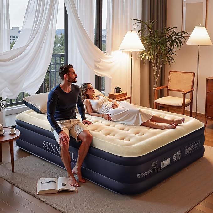 Air Mattress Queen with Built in Pump - Upgraded Blow Up Bed,2 Mins Quick Self Inflatable and Deflate, 18"/650lbs Max, Strong Support, Flocked Top, Puncture Resistant, for Camping,Home,Guests