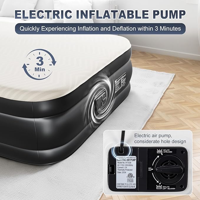 Queen Air Mattress with Built-in Pump, 80 x 60 x 18 inch Foam Topper Blow up Mattress,Supports 650 lbs,Quick Inflation/Deflation Inflatable Mattress for Home Guests Camping - Beige & Black