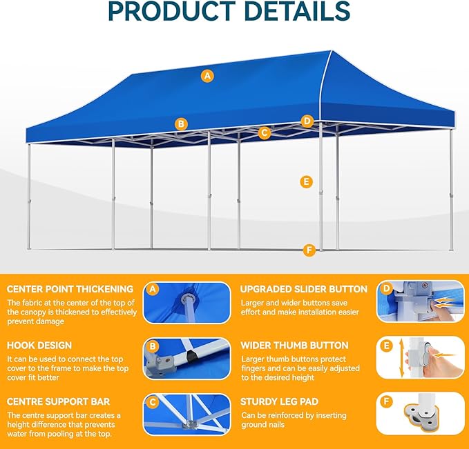 Hoteel 10x30 Pop Up Canopy Tent Heavy Duty with 8 Sidewalls, Waterproof Party Tent, Easy Set-up Commercial Instant Tents with Hand Bag, Rope & Nail, Hexagonal Leg (1-Year Warranty)