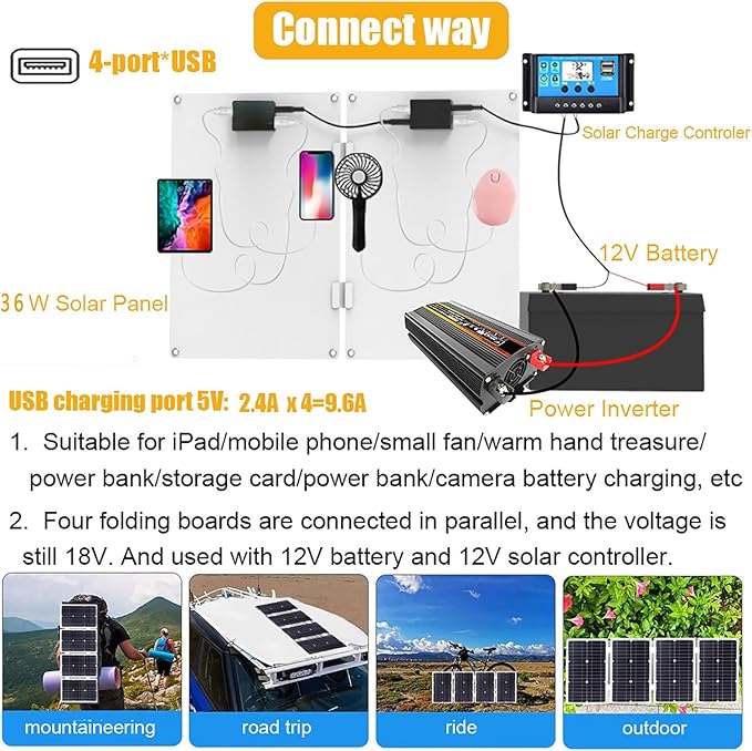 36W Foldable Solar Panel with USB Charging, 6000W Car Power Inverter, Complete Solar Inverter Kit for DC12V-AC110V/220V, Portable Solar Power System for Camping & Outdoors
