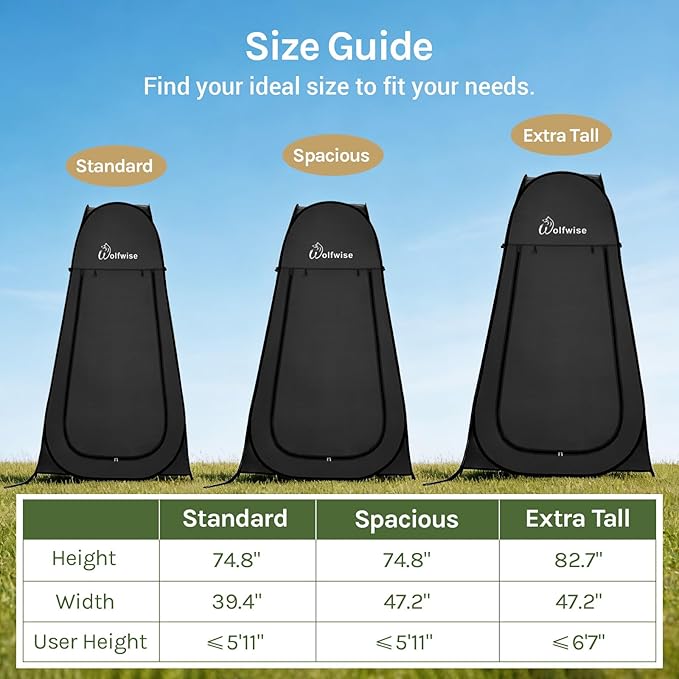 Wolfwise Pop Up Shower Tent, Portable Instant Changing Tent with Ventilation Window & Carry Bag, Privacy Bathroom Toilet for Beach, Camping & Outdoor, Width 40 ", Height 75 ", Black