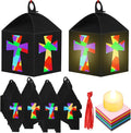 12 Sets Easter Crafts Religious Cross Crafts with LED Candle Light DIY Christian Cross Lantern Tissue Paper Kits Religious Hanging Ornament for Church Sunday School VBS Activities