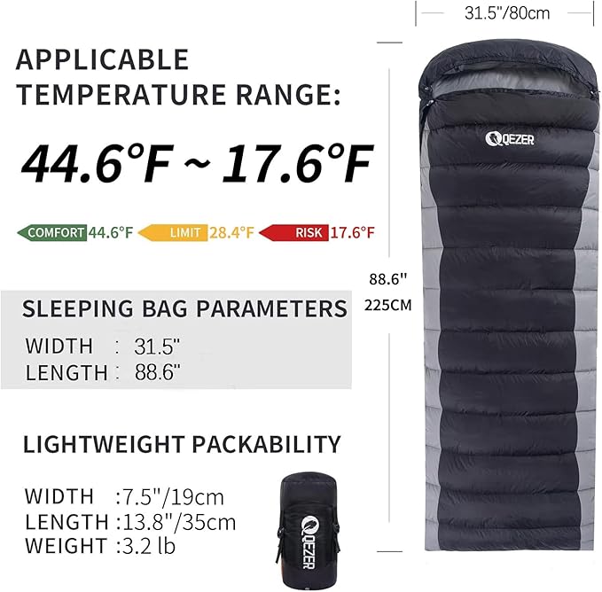 Ultralight Down Sleeping Bag for Adults - 600 Fill Power, Cold Weather, Backpacking, Camping, Hiking