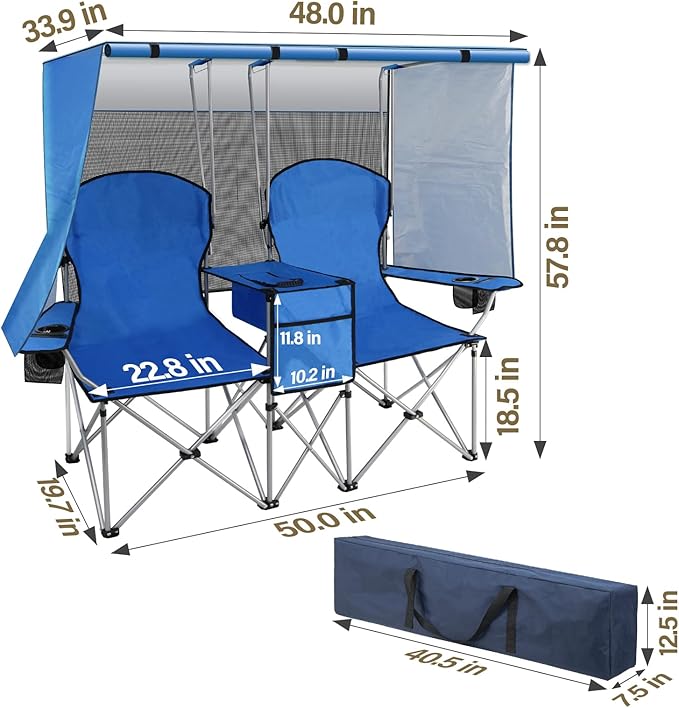 BESTHLS Double Canopy Camping Chair with Shade Folding Loveseat Chairs with Cup Holder Cooler Bag Organize Pouch for Camp Beach Sports Lawn Patio Outside (Blue)